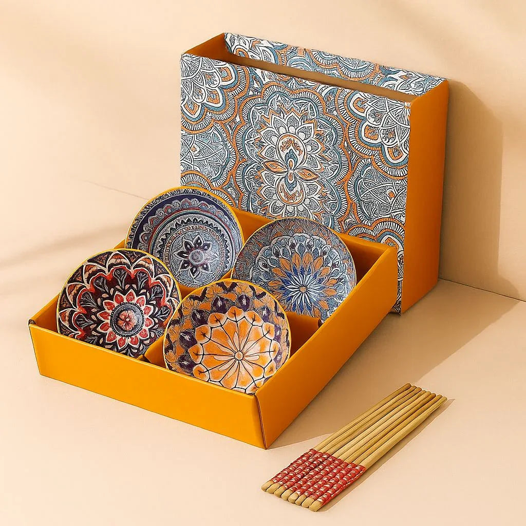 Japanese Ceramic Bowl Set of 4 with Chopsticks – Mandala Print - Clarify.pk
