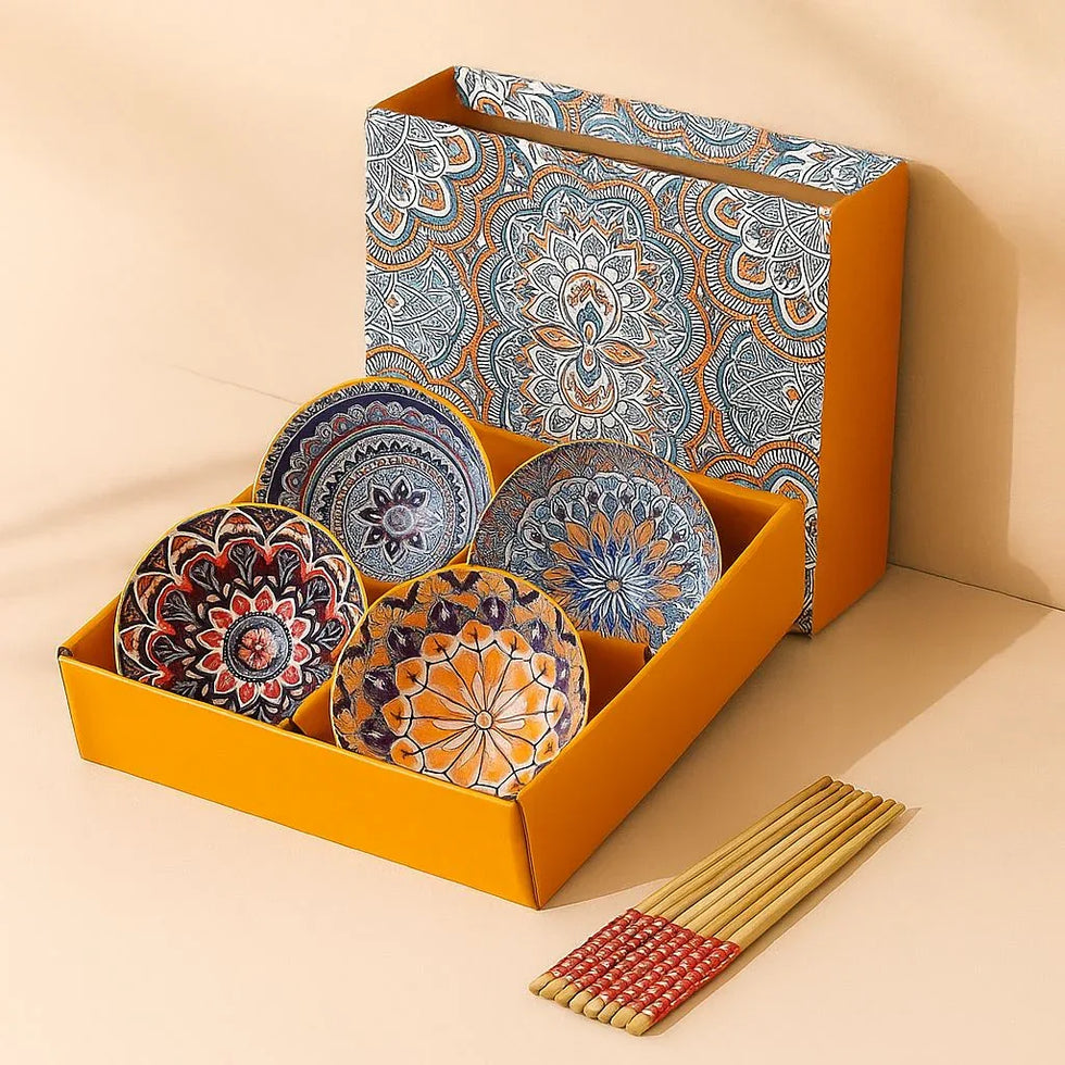 Japanese Ceramic Bowl Set of 4 with Chopsticks – Mandala Print - Clarify.pk