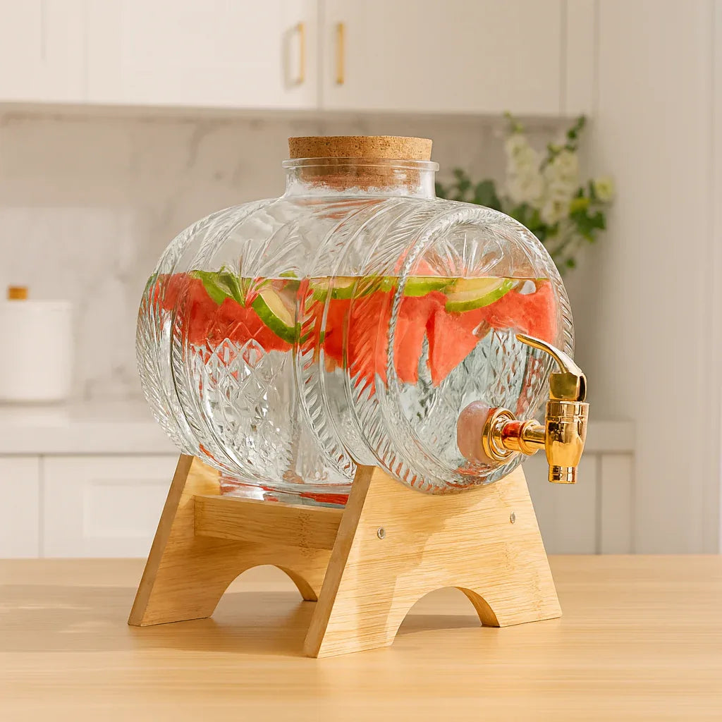 Barrel Shape Glass Water Dispenser with Bamboo Stand - Clarify.pk