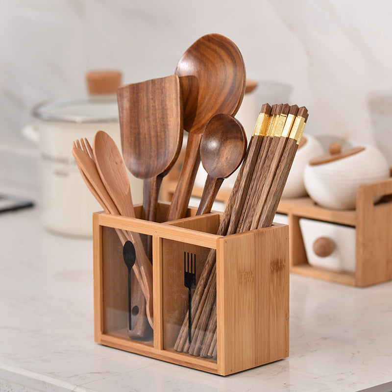 Dual-Compartment Wooden Cutlery Holder