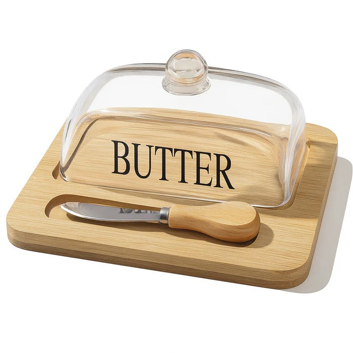 Elegant Glass Butter Dish with Bamboo Base & Knife