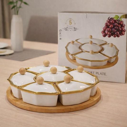 Luxury 5-Compartment Ceramic Dessert Plate Set - Gold Rim with Wooden Base - Trenducts.pk