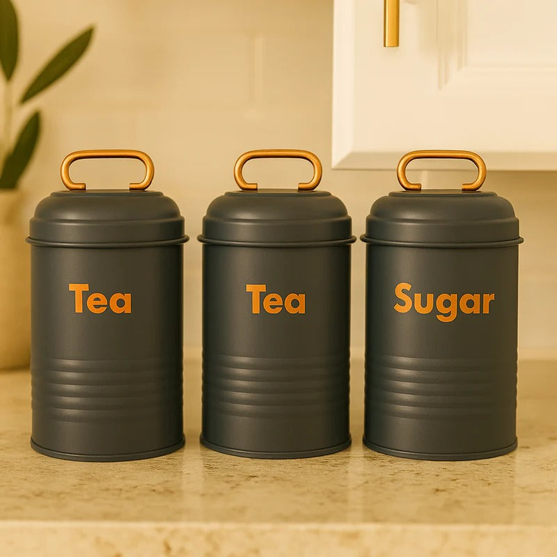Vintage Metal Canister Set – 3-Piece Embossed Coffee, Tea, & Sugar Jars MJ