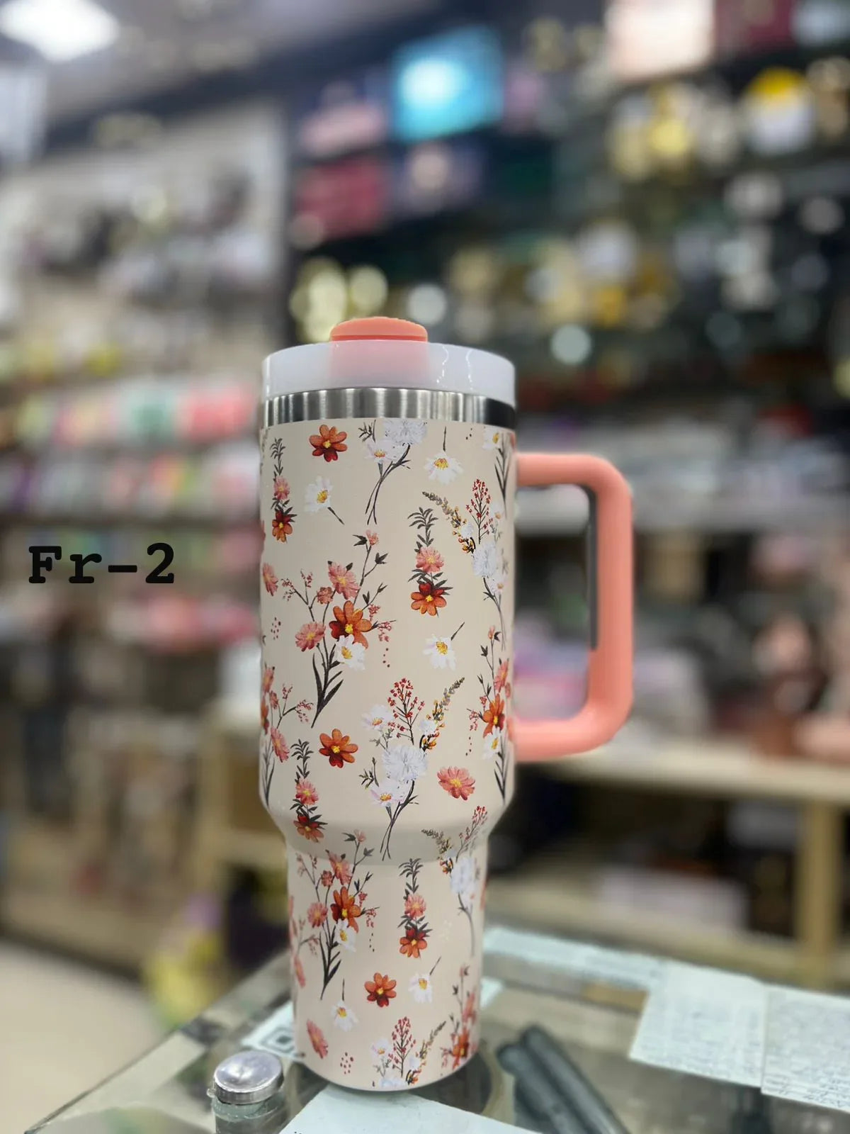 Premium Beige Floral 40oz Tumbler With Handle – 1200ml - Clarify.pk