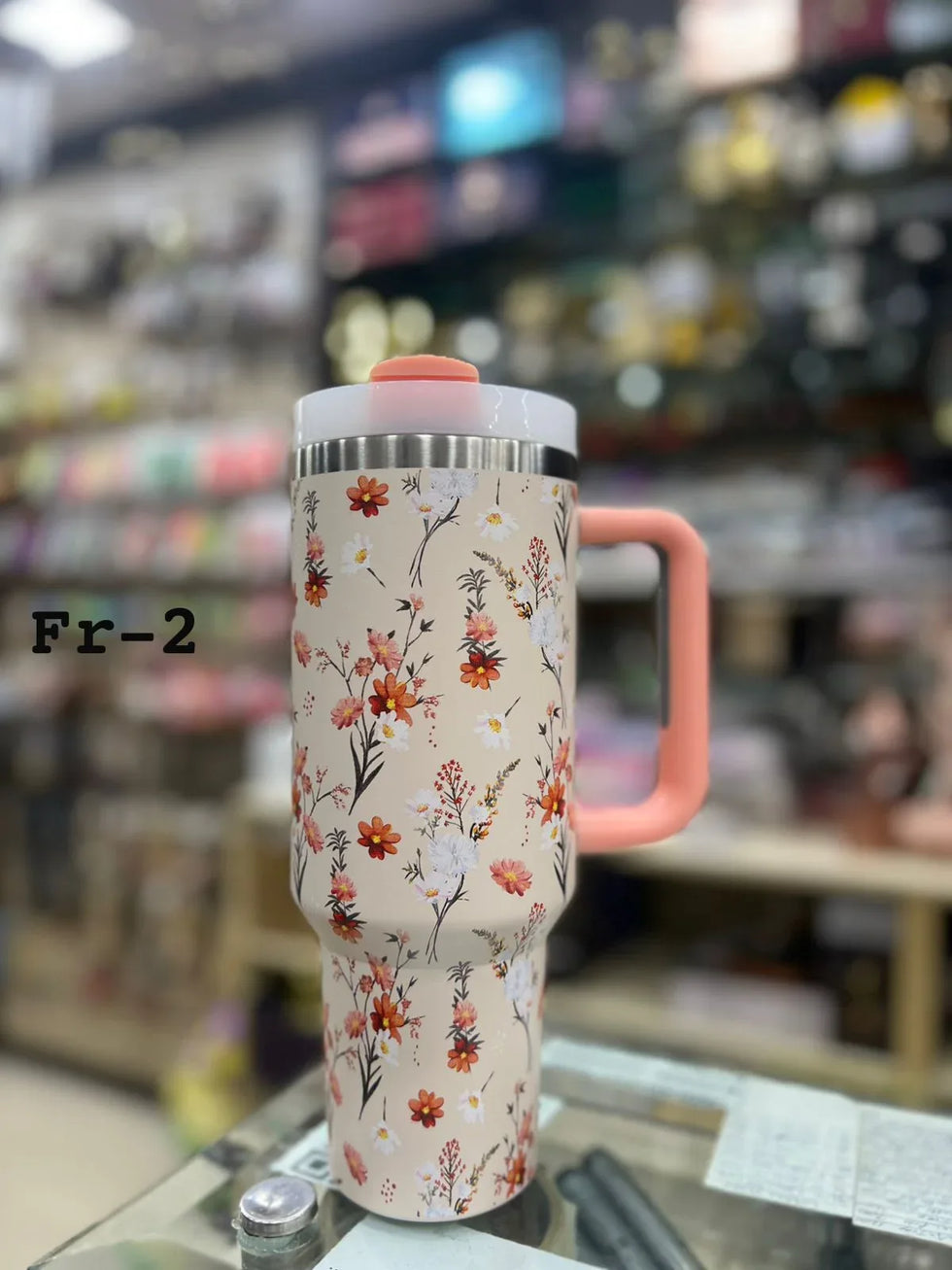 ہینڈل کے ساتھ پریمیم بیج فلورل 40oz ٹمبلر - 1200ml
