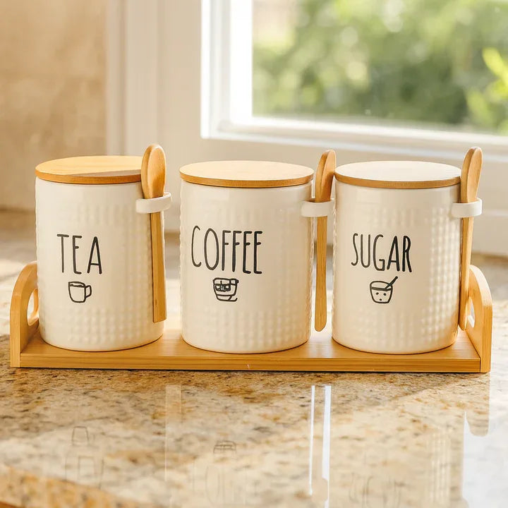 Minimal Ceramic Tea Coffee Sugar Jars Set with Stand - Clarify.pk