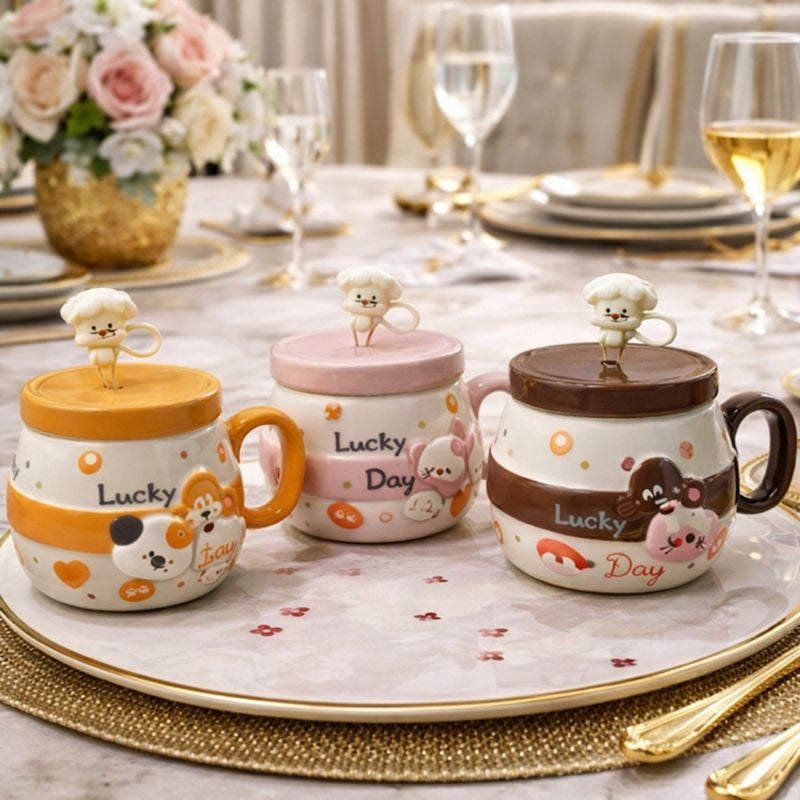 Cute Puppy Ceramic Coffee Mug - Printed Mug with Lid - Trenducts.pk