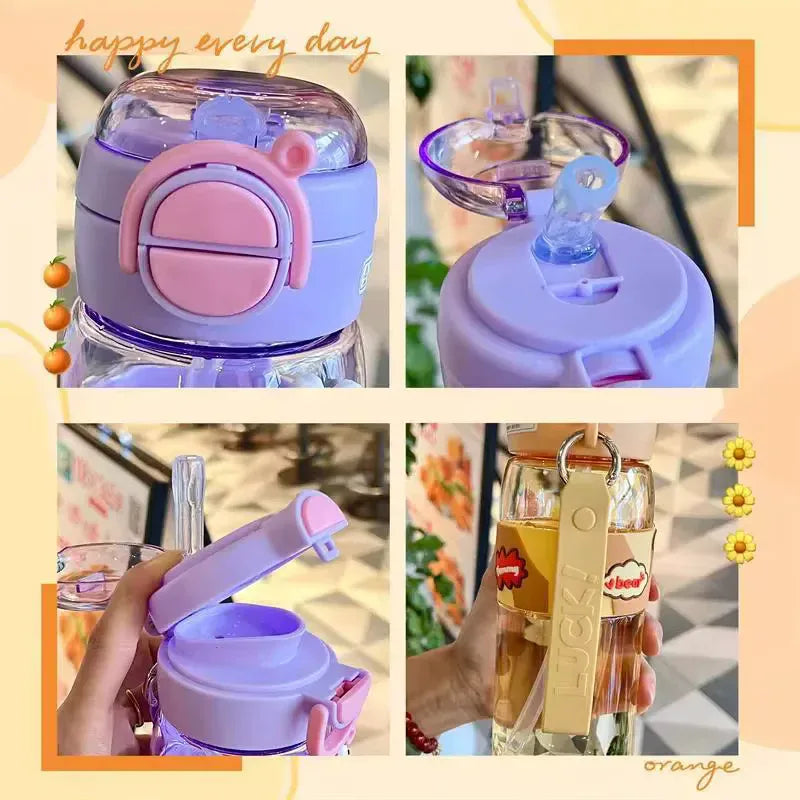 سٹرا کے ساتھ 600ml بچوں کی پانی کی بوتل - پیارا ڈایناسور اور ایک تنگاوالا