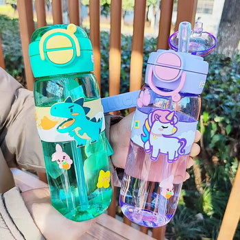600ml Kids Water Bottle with Straw - Cute Dinosaur & Unicorn - Clarify.pk
