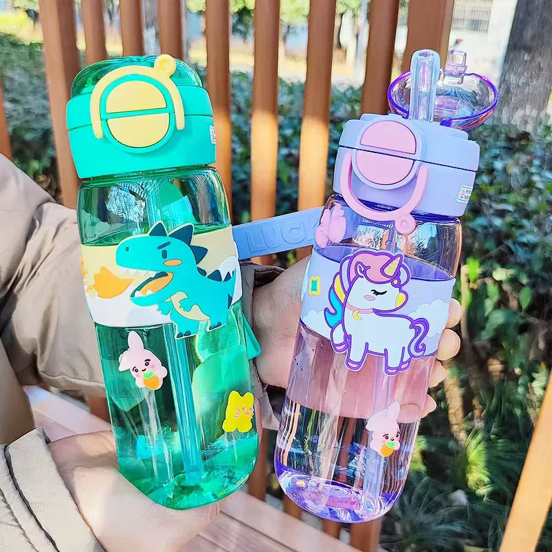 600ml Kids Water Bottle with Straw - Cute Dinosaur & Unicorn - Clarify.pk