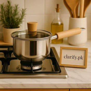 Stainless Steel Saucepan – 18cm Cook Pot with Wooden Handle & Glass Lid - Clarify.pk
