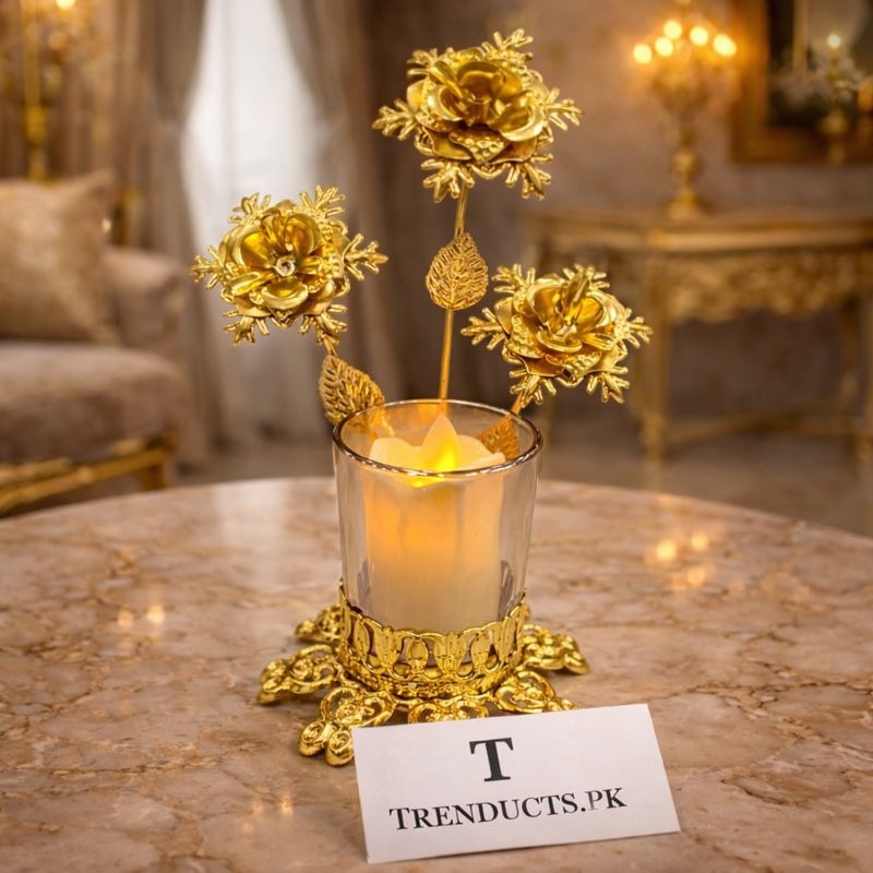 Luxury Floral Metal Golden Candle Stand – Table Décor