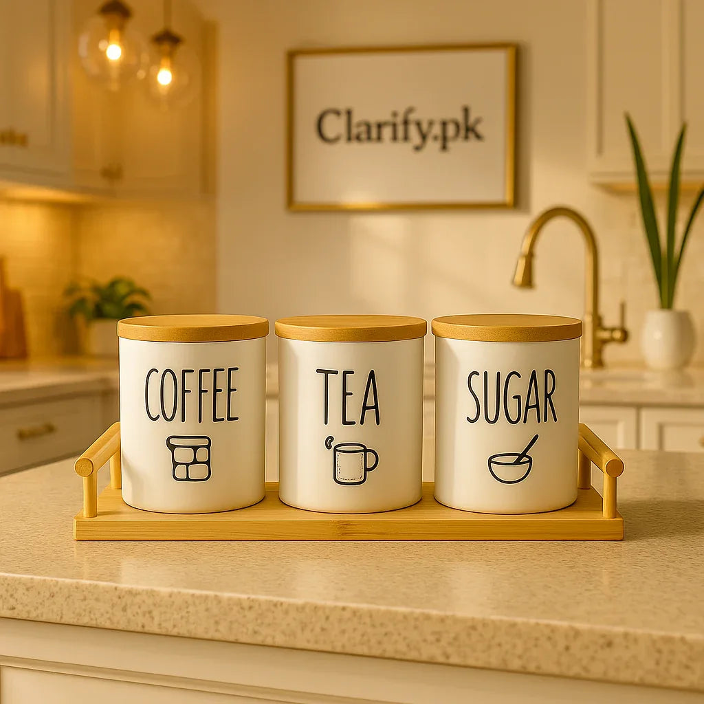 Minimal Ceramic Coffee Tea Sugar Storage Set with Bamboo Base - Clarify.pk