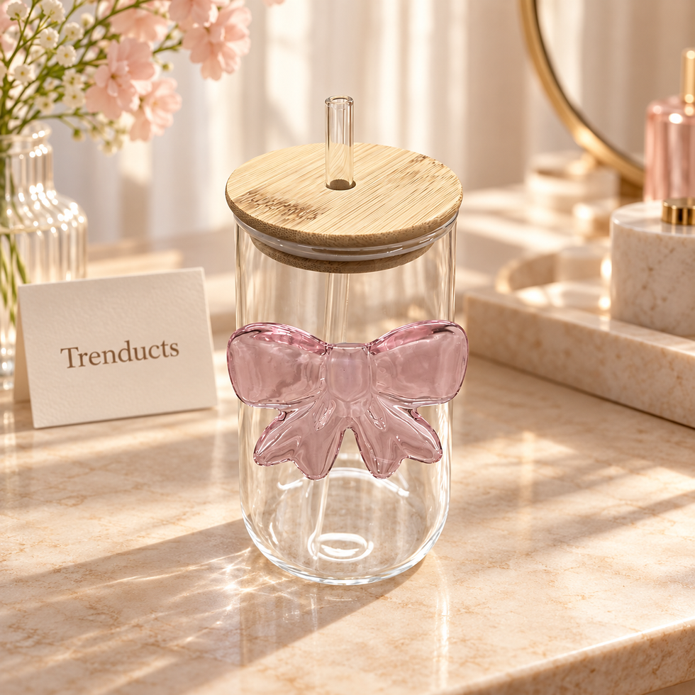 Bow Glass Sipper with Bamboo Lid & Glass Straw – Aesthetic Coquette Drinkware