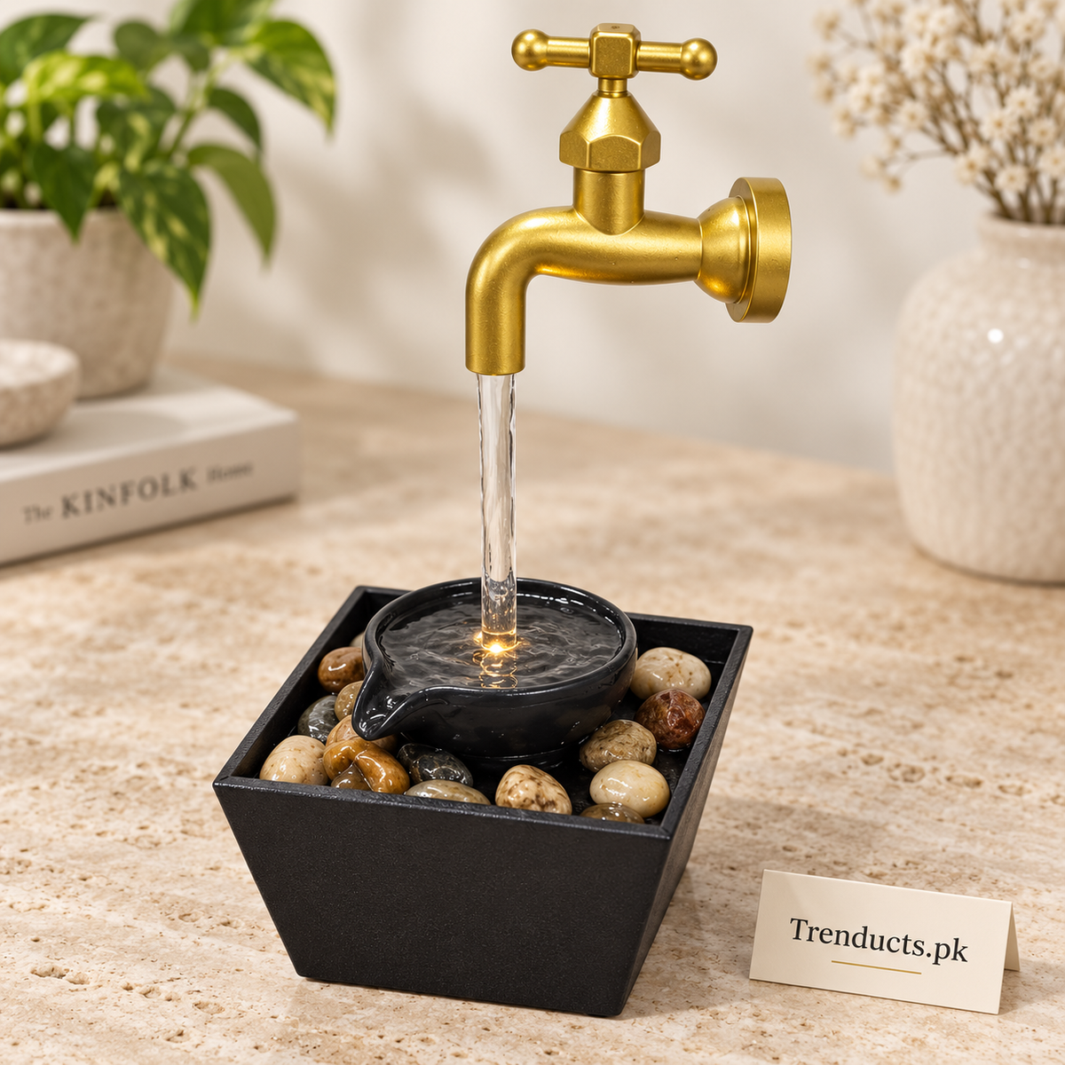 Tap Design Tabletop Water Fountain with Pebbles – Indoor Electric Faucet Decor