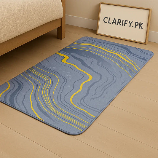 Anti-Slip Rubber Mat – Grey & Yellow Wave Print Floor Rug (58 x 118 cm) - Clarify.pk