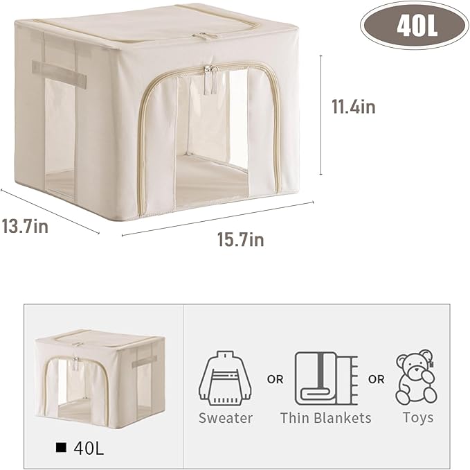 Temiminime 40L Clothing Storage Bags with Zipper & Iron Frame, 2Pack Closet Organizers and Storage Bins, Sweater Organizer Quilt Storage Bin for Dorm Room, Kids&baby&Adult Clothes Storage