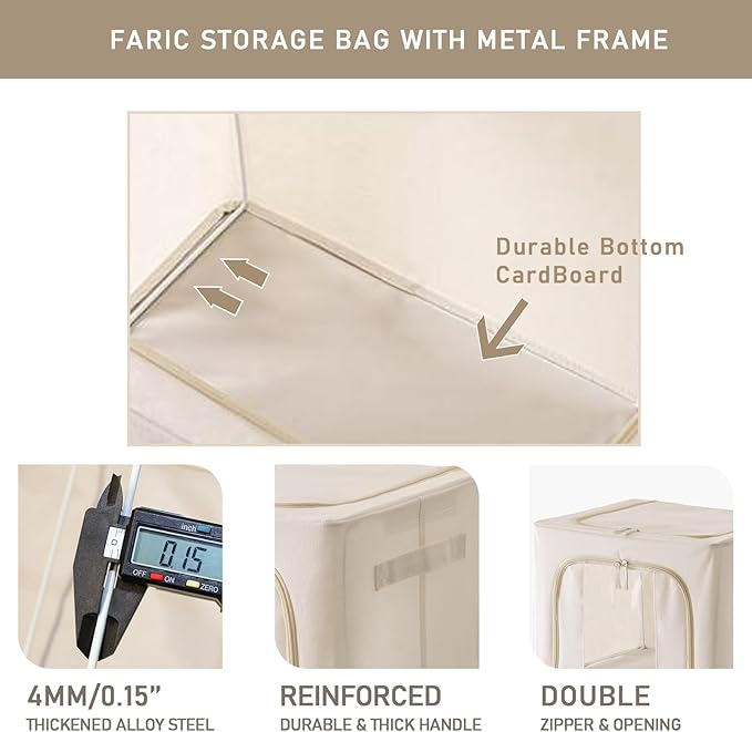 Temiminime 40L Clothing Storage Bags with Zipper & Iron Frame, 2Pack Closet Organizers and Storage Bins, Sweater Organizer Quilt Storage Bin for Dorm Room, Kids&baby&Adult Clothes Storage