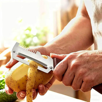 2Pcs Multifunctional Vegetable Peelers, 3-in-1 Kitchen Peeler with Wooden Handle, Stainless Steel Blade, Scallion Shredder and Built-in Bottle Opener, Fruit & Vegetable Peeling Tool