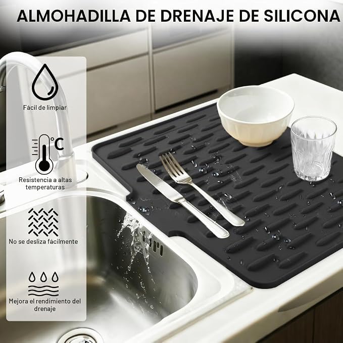 Silicone Dish Drainer Mat with Drain Outlet - Non-Slip Kitchen Drying Mat
