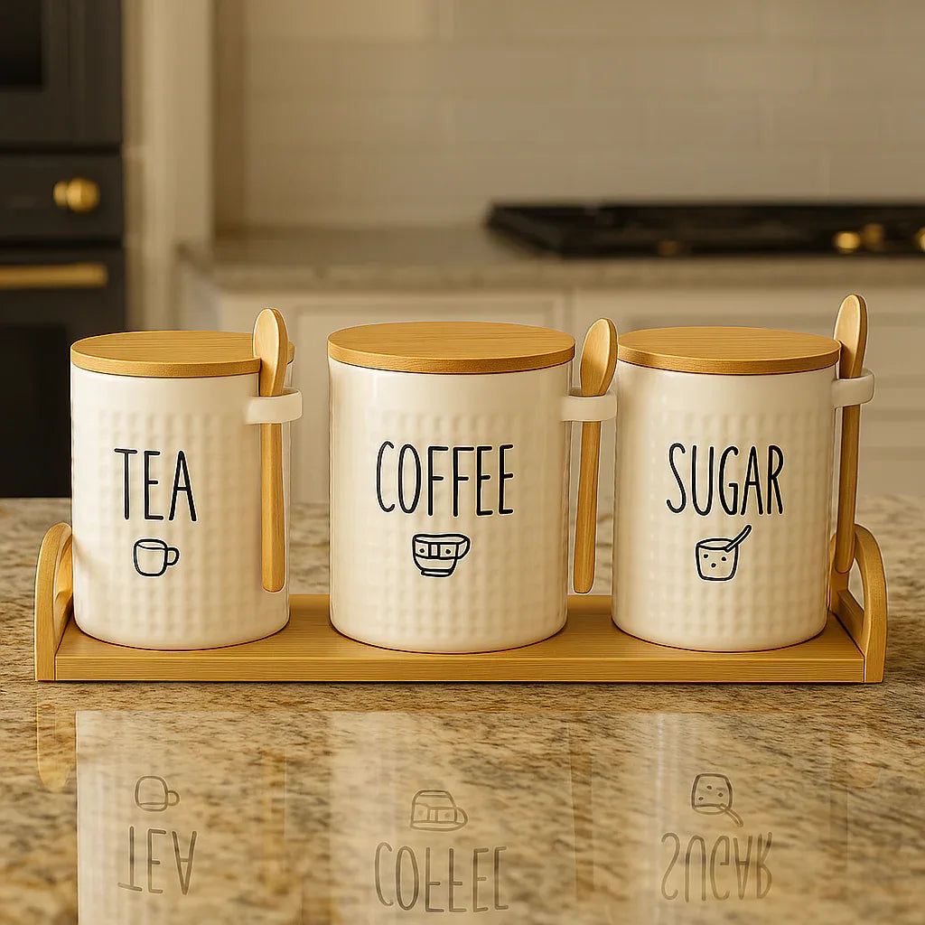 Minimal Ceramic Tea Coffee Sugar Jars Set with Stand - Clarify.pk