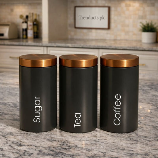 Premium 3-Piece Matte Black Metal Canister Set – Sleek Industrial Elegance MJ