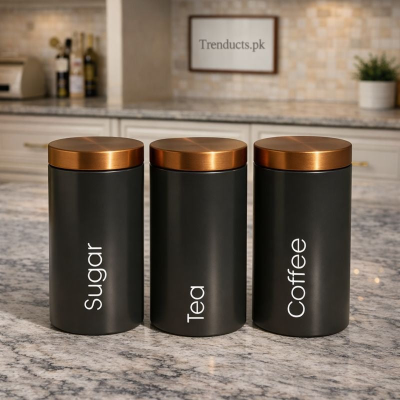 Premium 3-Piece Matte Black Metal Canister Set – Sleek Industrial Elegance MJ
