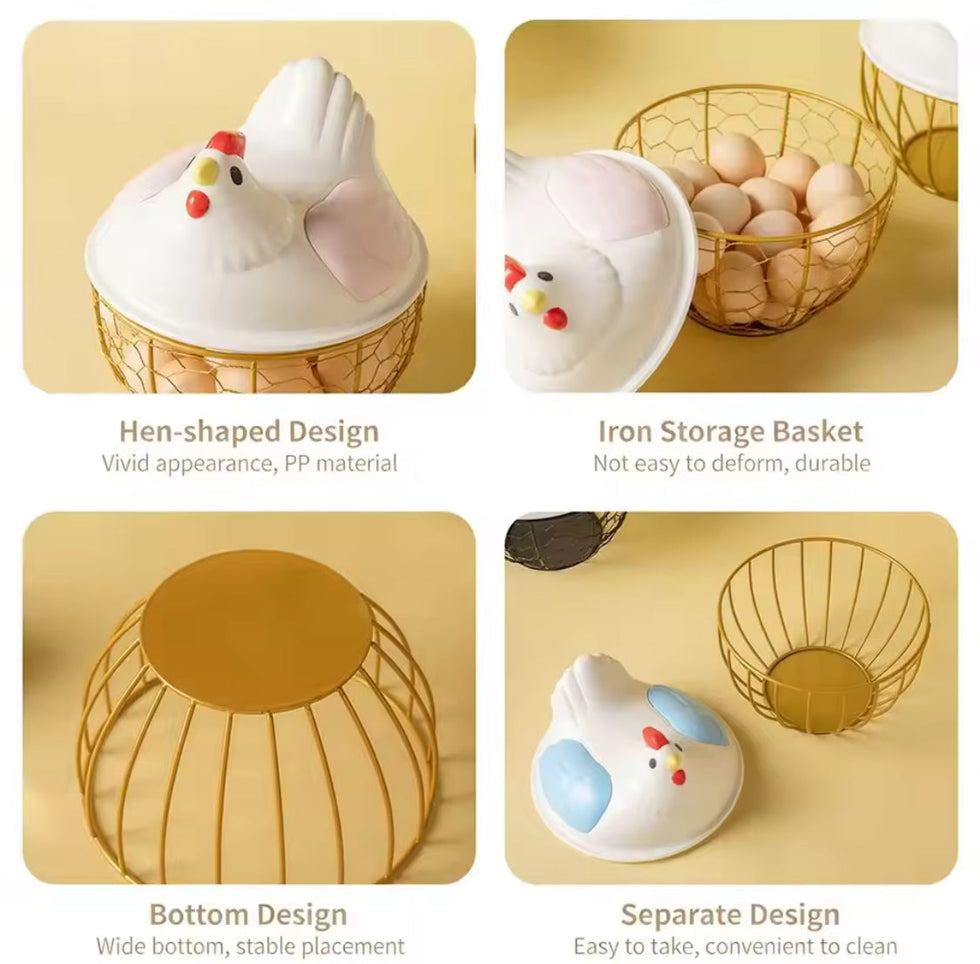 Hen Shaped Egg Basket with Lid - Large Capacity Chicken Egg Holder & Kitchen Storage