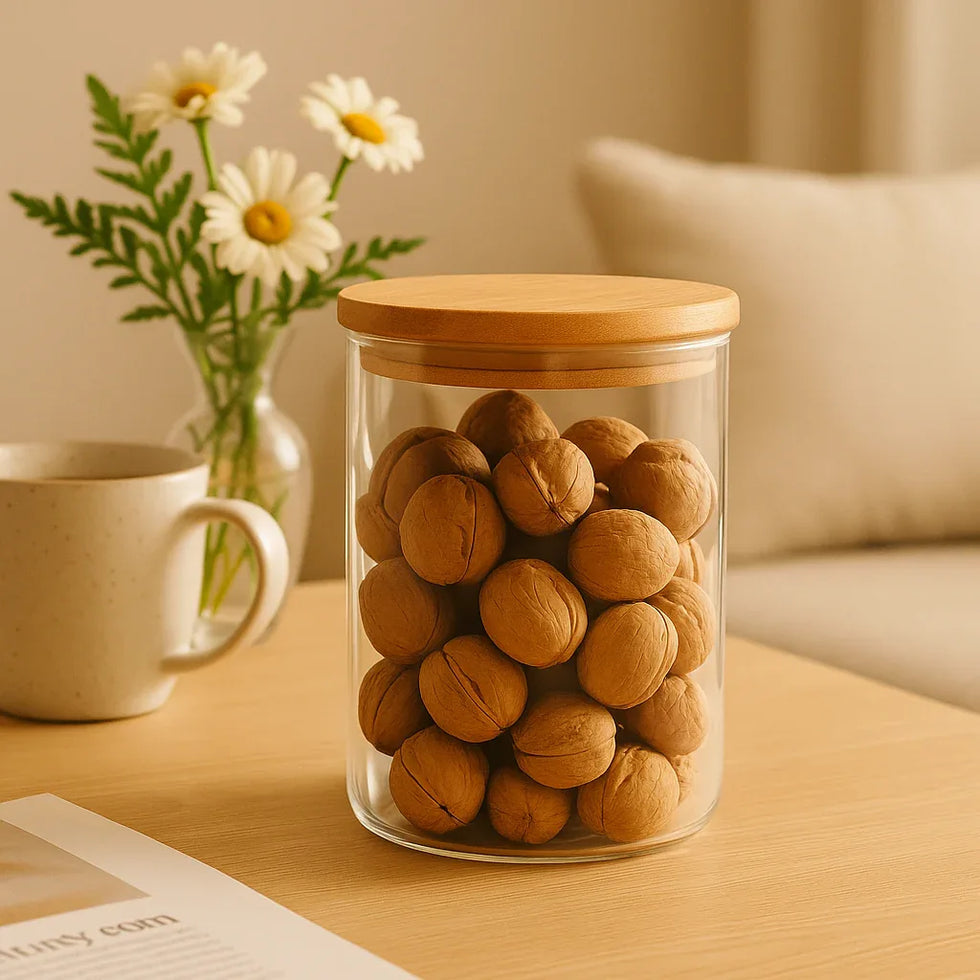 Premium Glass Storage Container – Airtight Wooden Lid Jar (Large) - Clarify.pk