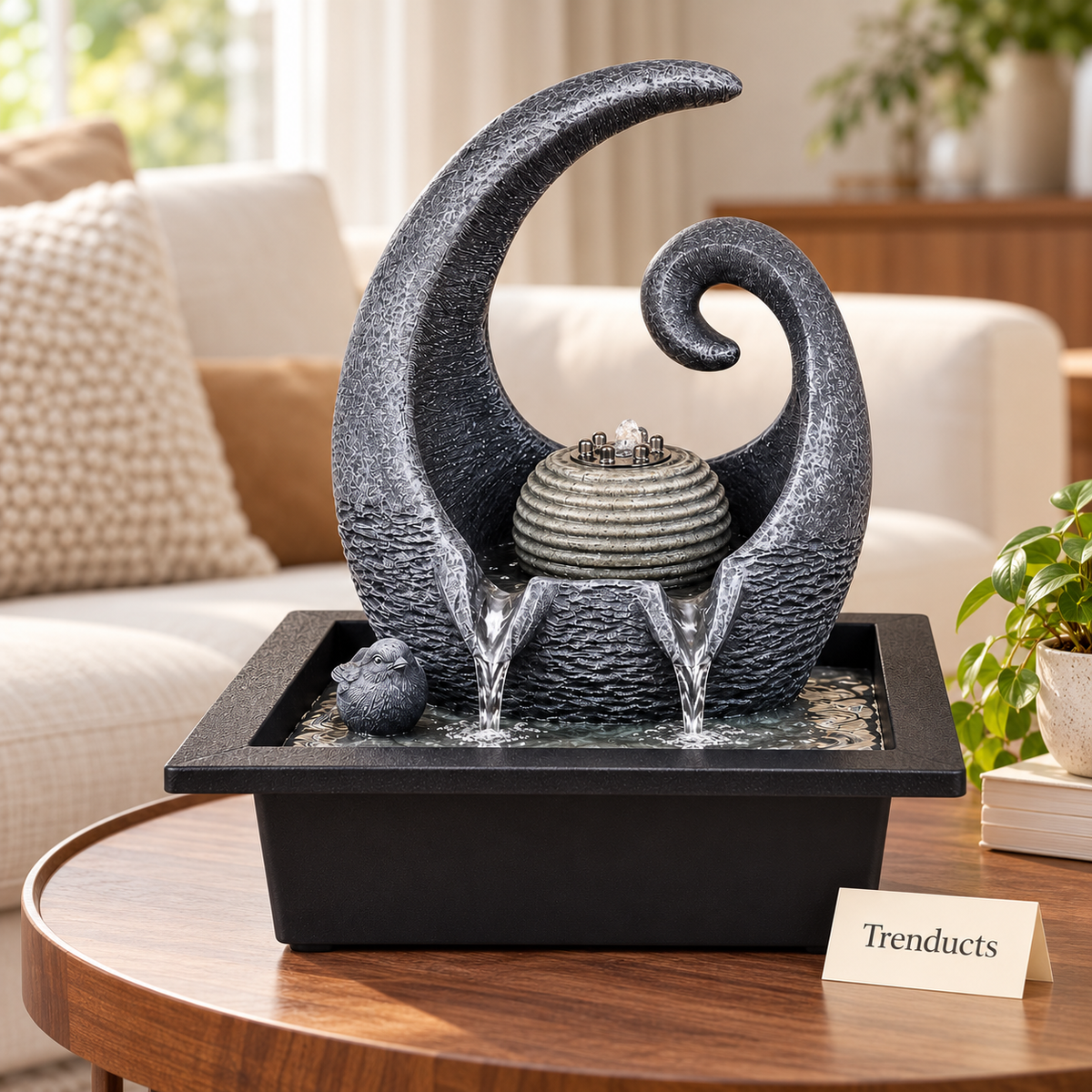 Abstract Wave Crescent Sphere Tabletop Fountain with Multi-Nozzle Spout – Modern Indoor Water Feature