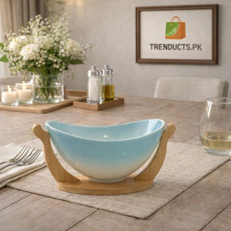 Modern Oval Ceramic Serving Bowl – 10" Aesthetic Platter with Elegant Wood Base - Trenducts.pk