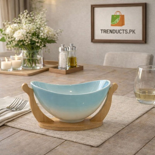 Modern Oval Ceramic Serving Bowl – 10" Aesthetic Platter with Elegant Wood Base - Trenducts.pk