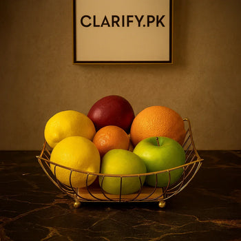 Luxury Golden Wire Fruit Basket with Wooden Base - Clarify.pk