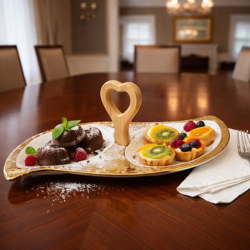 Dual-Section Gold-Trimmed Serving Platter – Elegant Leaf-Shaped Dish - Trenducts.pk