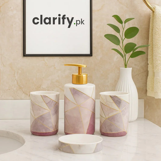 4-Piece Bathroom Set - Marble Pink with Gold Geometric Design - Clarify.pk