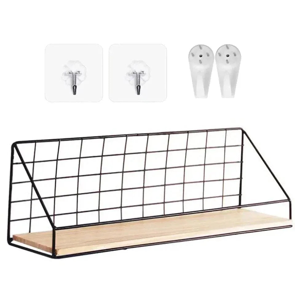 Metal Grid Wall Shelf with Wooden Base for Stylish Home Storage - Clarify.pk