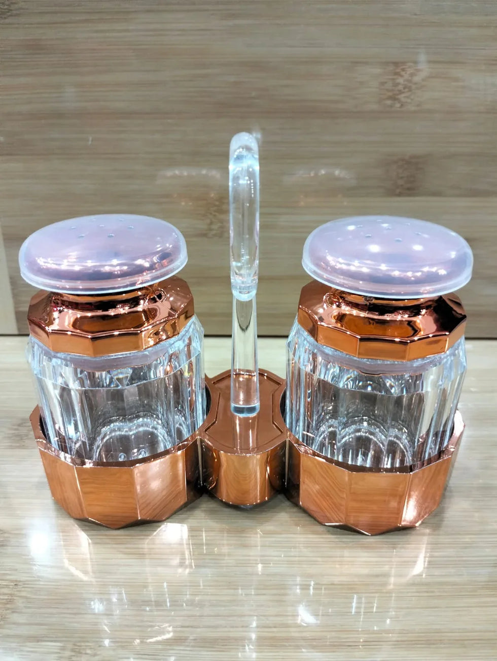 Modern 2-Piece Acrylic Seasoning Set – Rose Gold Finish with Stand - Clarify.pk