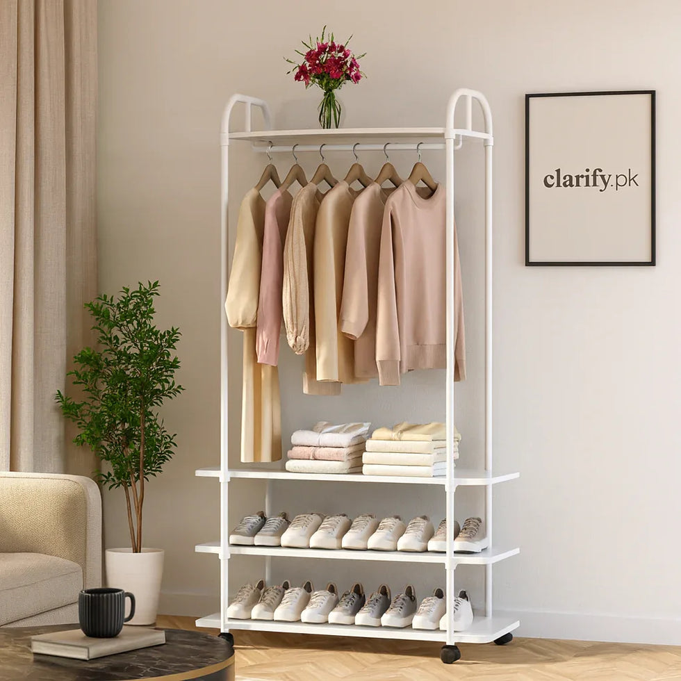 3-Layer Multifunctional Cloth Stand with Shoe Rack - Clarify.pk
