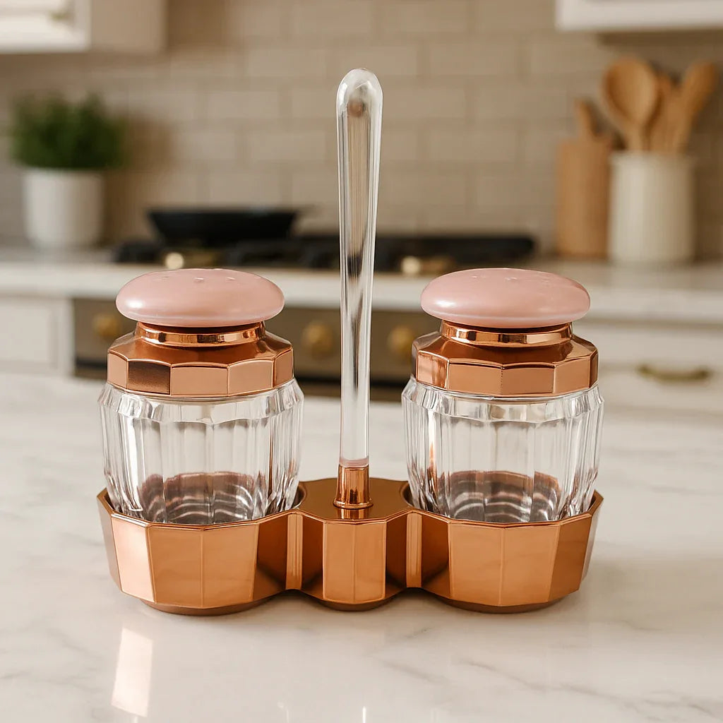 Modern 2-Piece Acrylic Seasoning Set – Rose Gold Finish with Stand - Clarify.pk