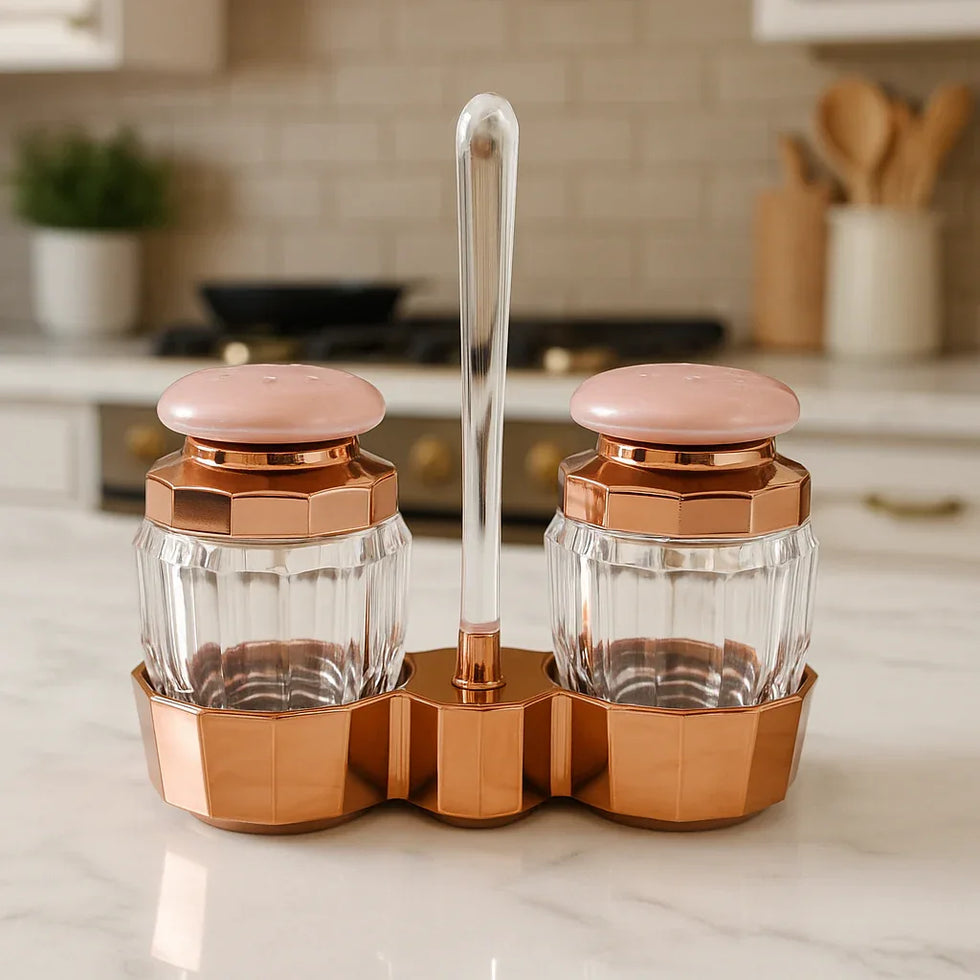 Modern 2-Piece Acrylic Seasoning Set – Rose Gold Finish with Stand - Clarify.pk