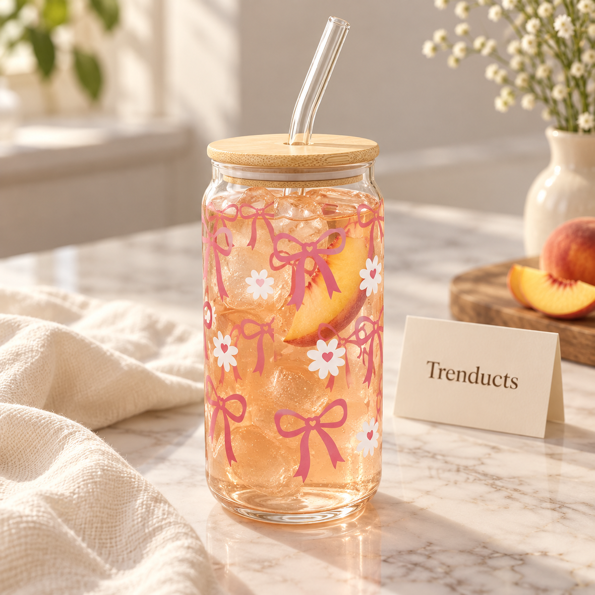 Cute Bow & Daisy Glass Sipper with Bamboo Lid