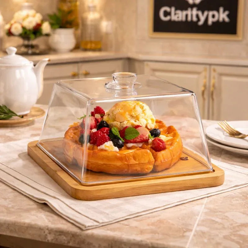 Acrylic Cake Dome with Wooden Base – Elegant Dessert & Pastry Display Cover - Clarify.pk
