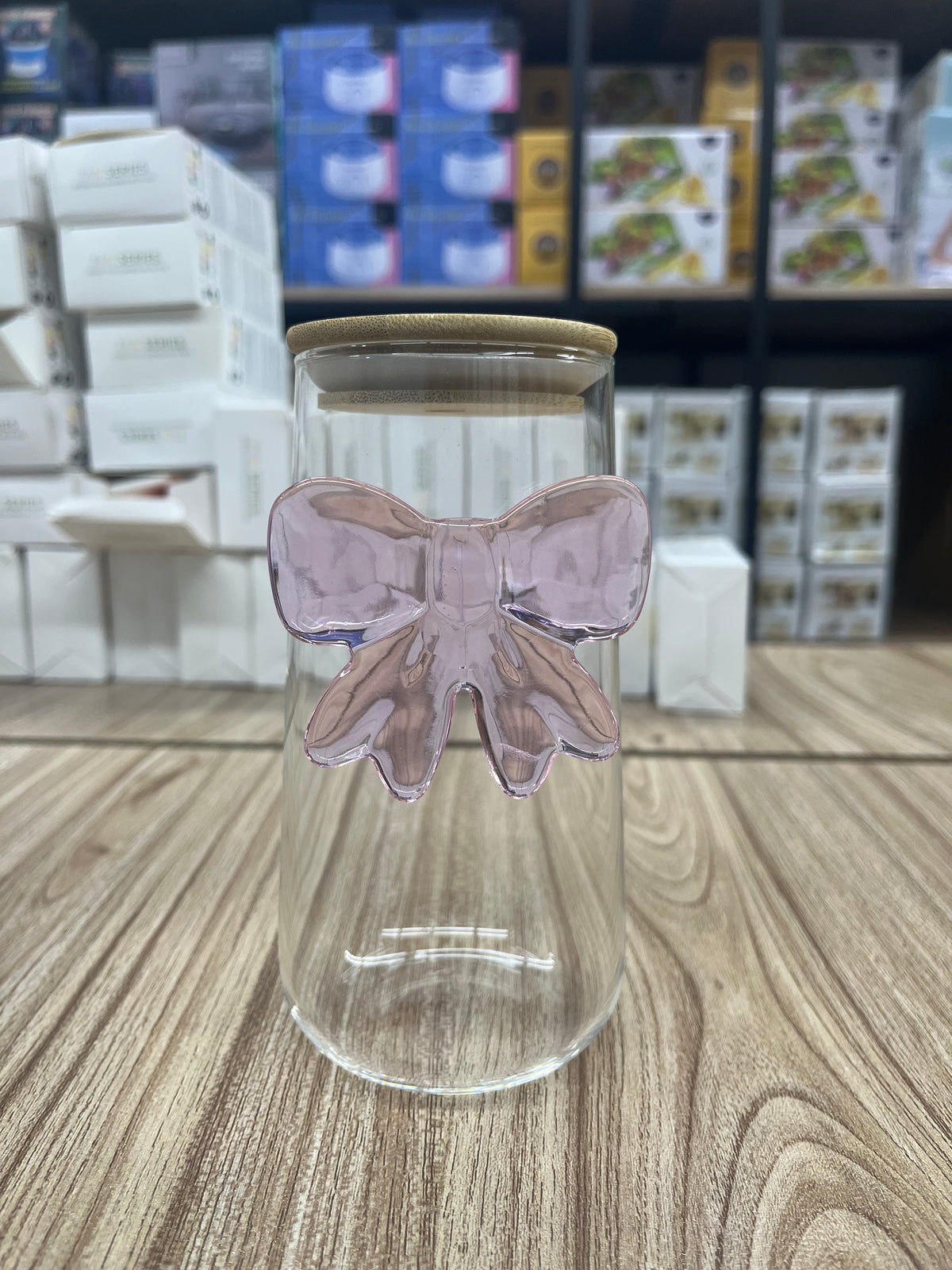 Bow Glass Sipper with Bamboo Lid & Glass Straw – Aesthetic Coquette Drinkware