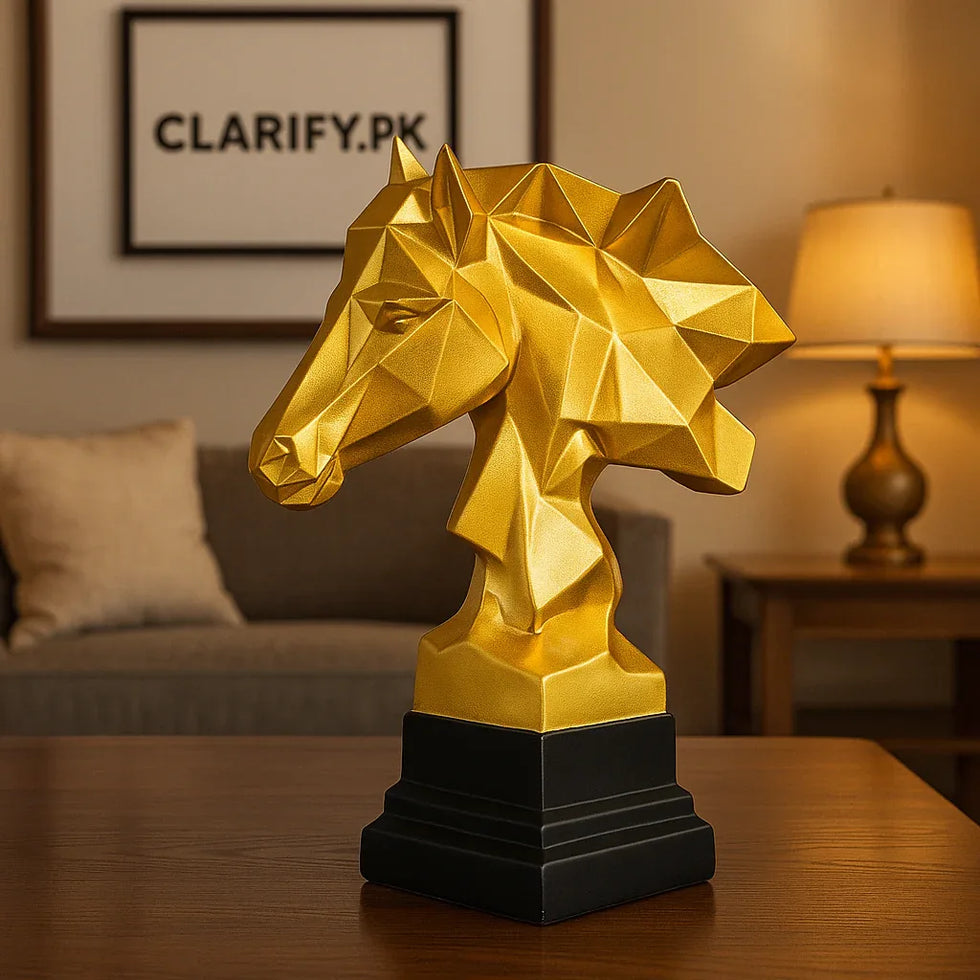 Golden Horse Face Sculpture – Luxury Home & Office Décor Showpiece - Clarify.pk