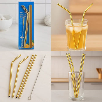 Metal Straw Set – 4 Pcs Reusable with Cleaner random colours - Clarify.pk