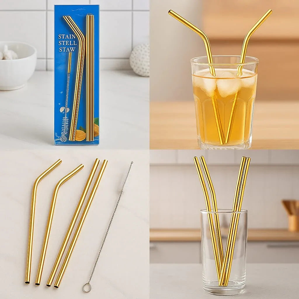 Metal Straw Set – 4 Pcs Reusable with Cleaner random colours - Clarify.pk