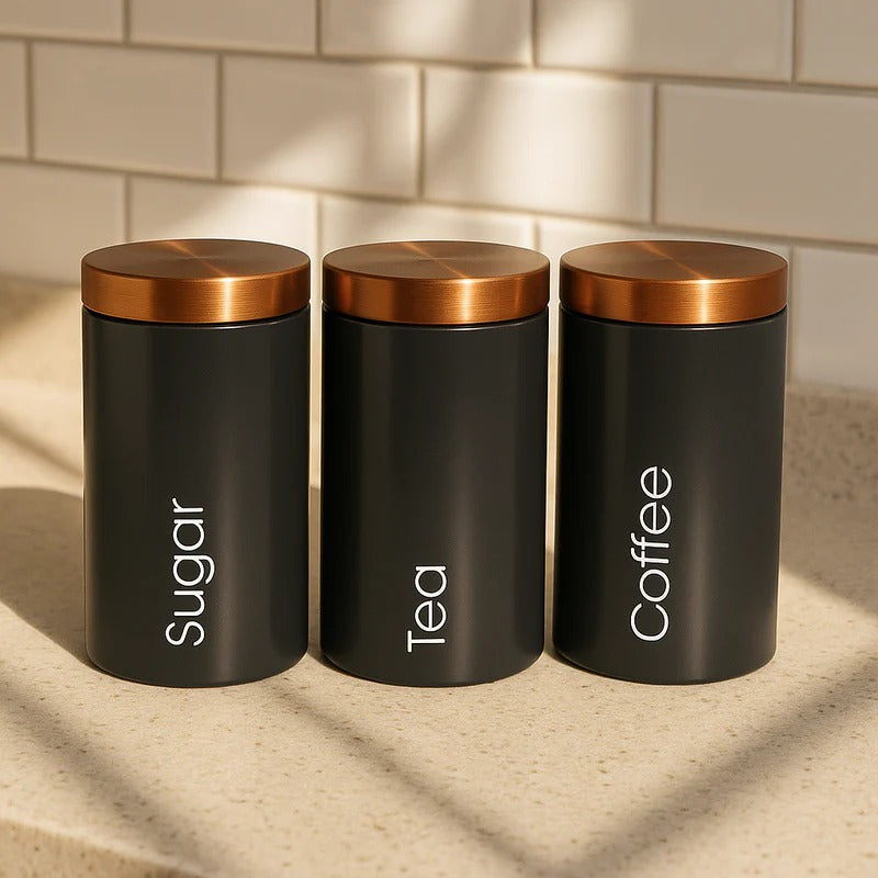 Premium 3-Piece Matte Black Metal Canister Set – Sleek Industrial Elegance MJ