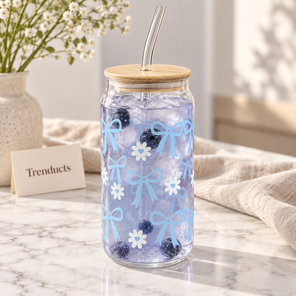 Cute Bow & Daisy Glass Sipper with Bamboo Lid