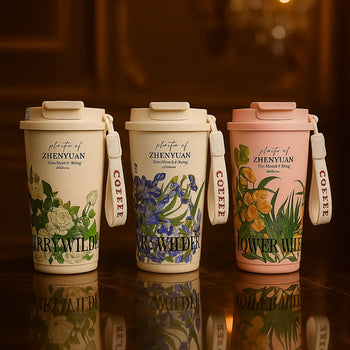 500ml Floral Coffee Travel Cup – Leak-Proof with Strap (Each) - Clarify.pk