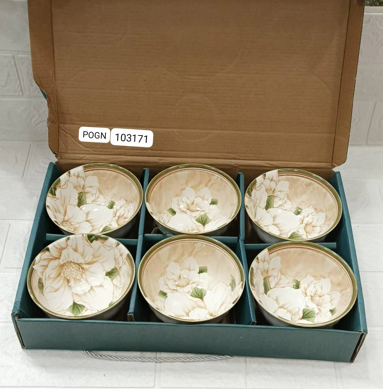 Pack of 6 Ceramic Bowl Set – Elegant Beige Floral Design - Clarify.pk